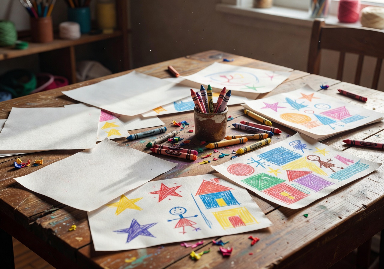 Art and craft table with paper and crayons