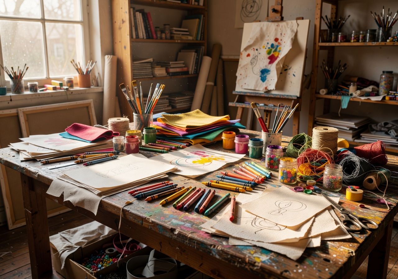 Art studio with crayons paper and craft supplies