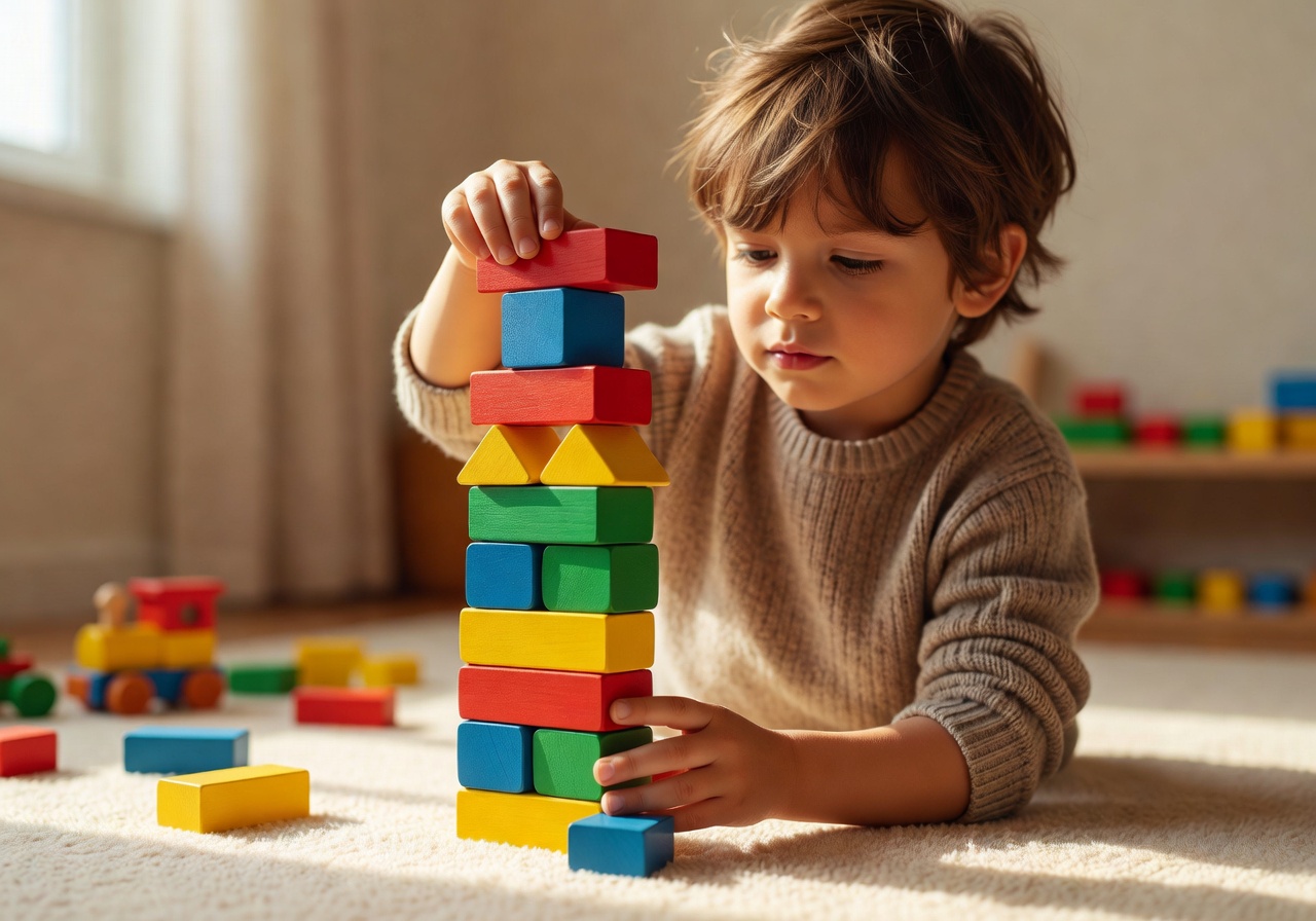 Child building a tower of colorful wooden blocks