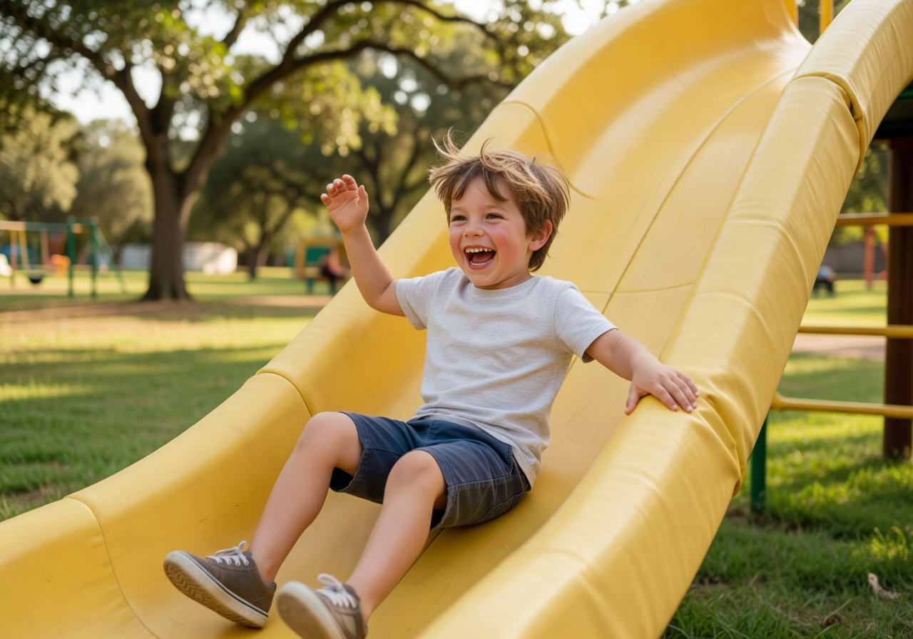Child laughing while sliding down a soft yellow slide