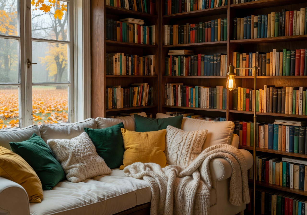 Cozy reading nook with cushions and bookshelves