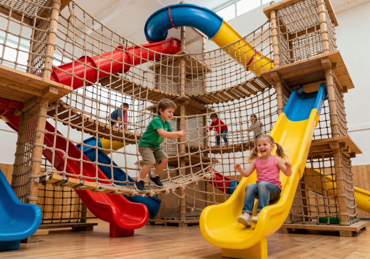 Indoor climbing structure with rope nets and slides