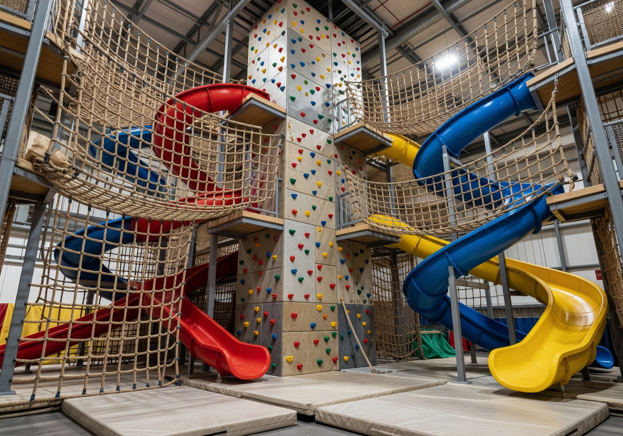Indoor climbing tower with rope nets and slides