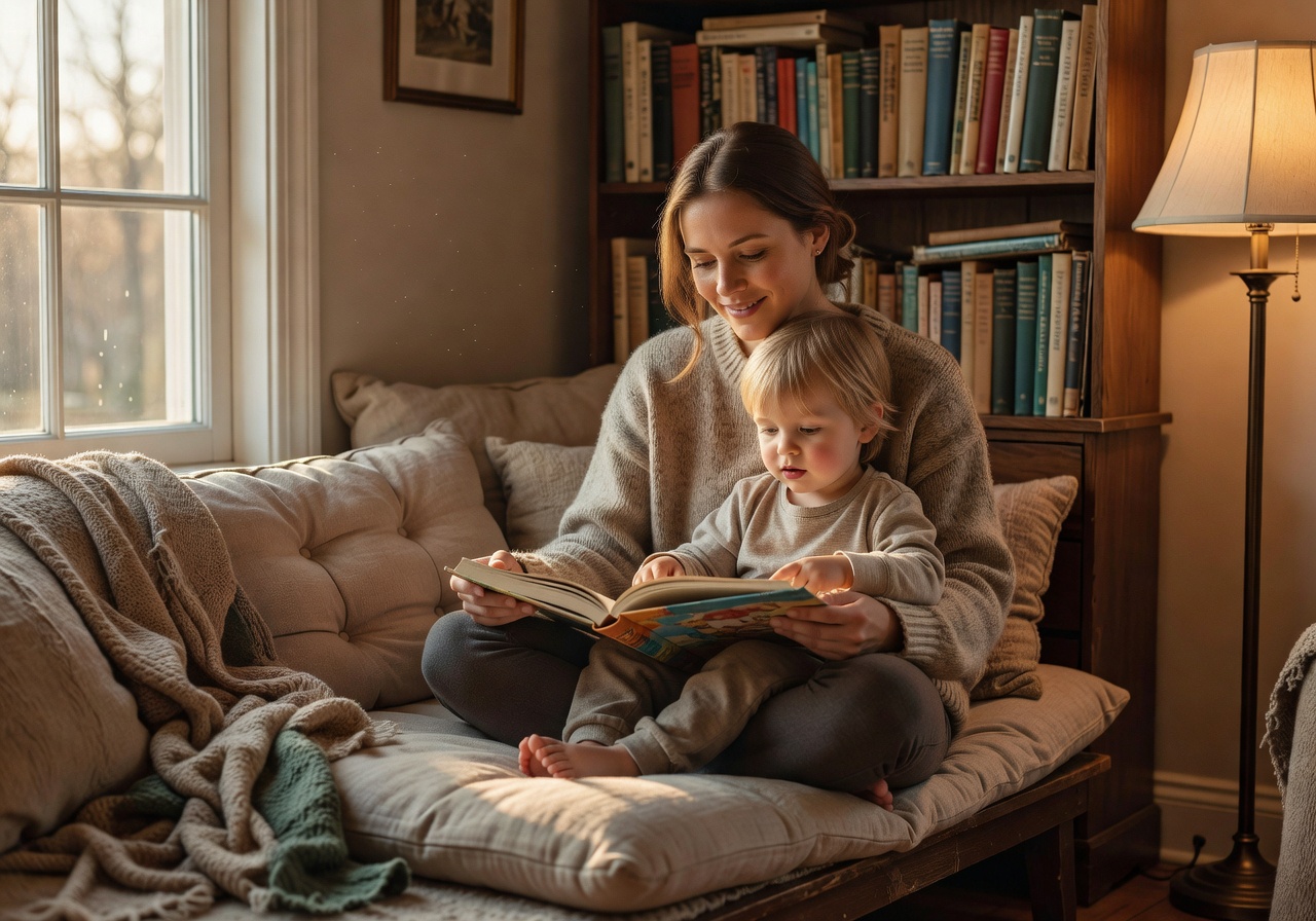 Mother and child reading together in a cozy corner
