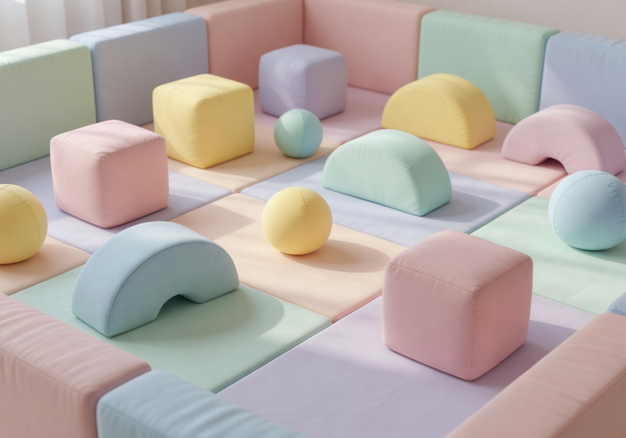 Soft pastel baby play area with foam shapes
