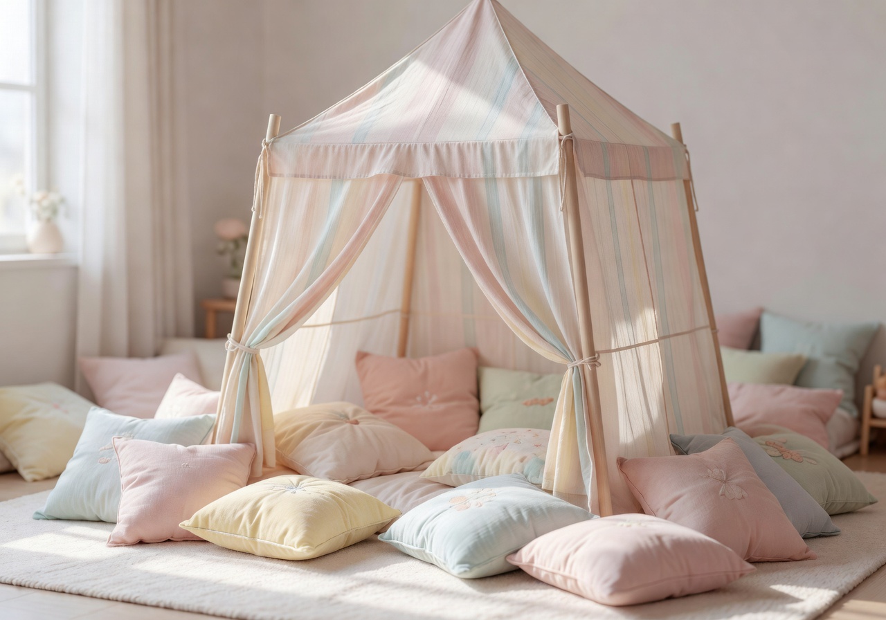 Soft pastel play tent with cushions