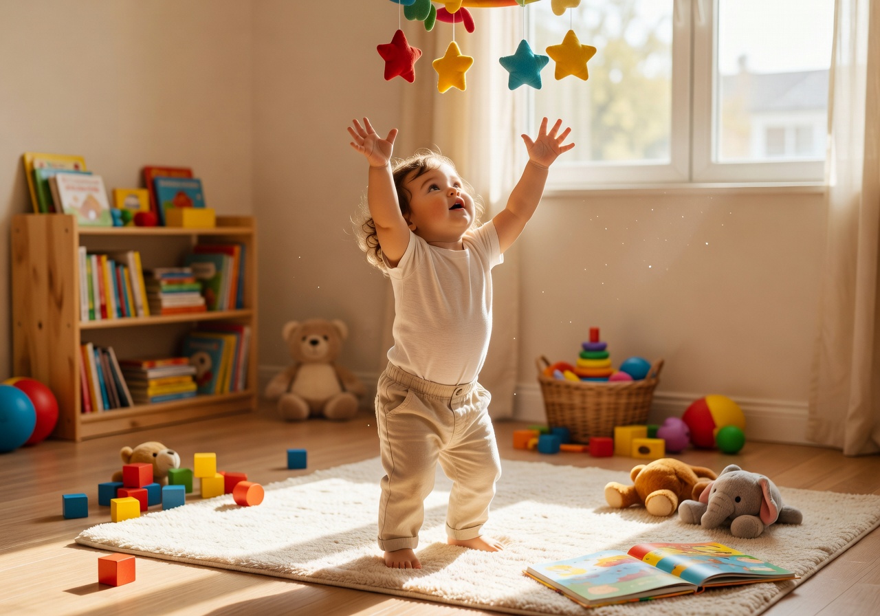 Toddler reaching upward in a sunlit indoor playroom