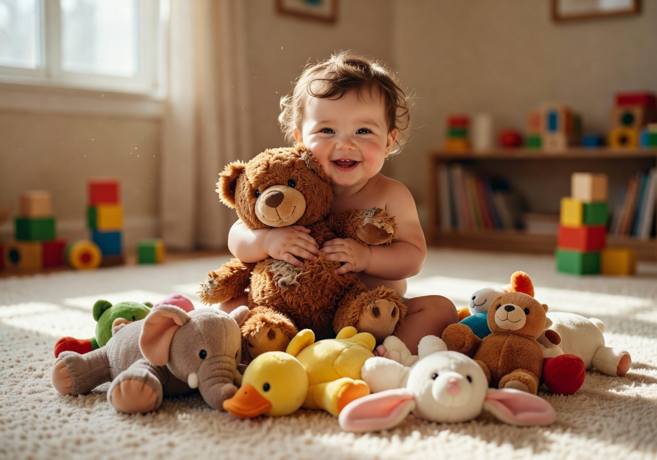 Toddler smiling while playing with stuffed animals