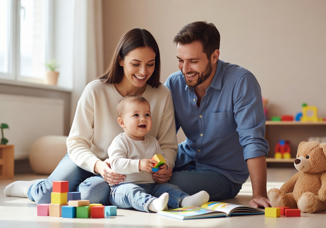 Two parents smiling with their toddler in a bright play space