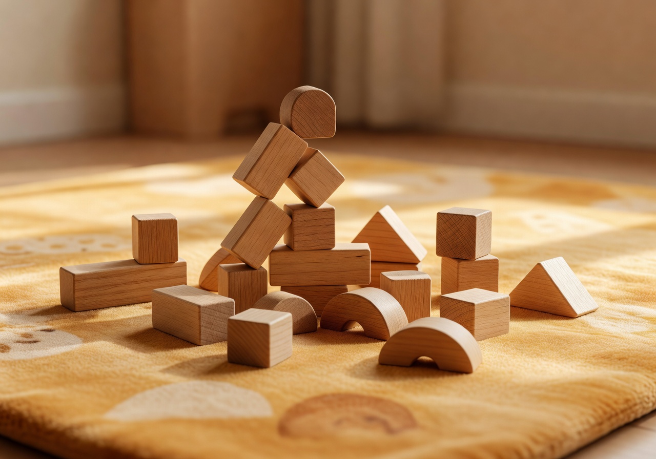 Wooden building blocks arranged on a warm play mat