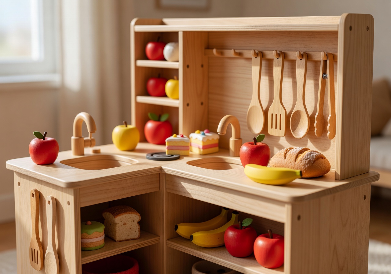 Wooden pretend kitchen with utensils and play food