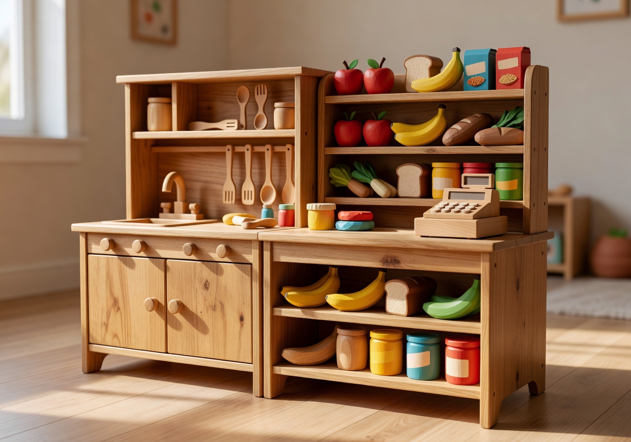 Wooden pretend-play kitchen and grocery store