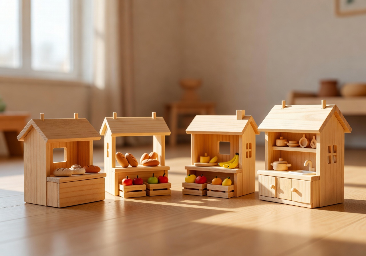 Wooden pretend village with shops and kitchen